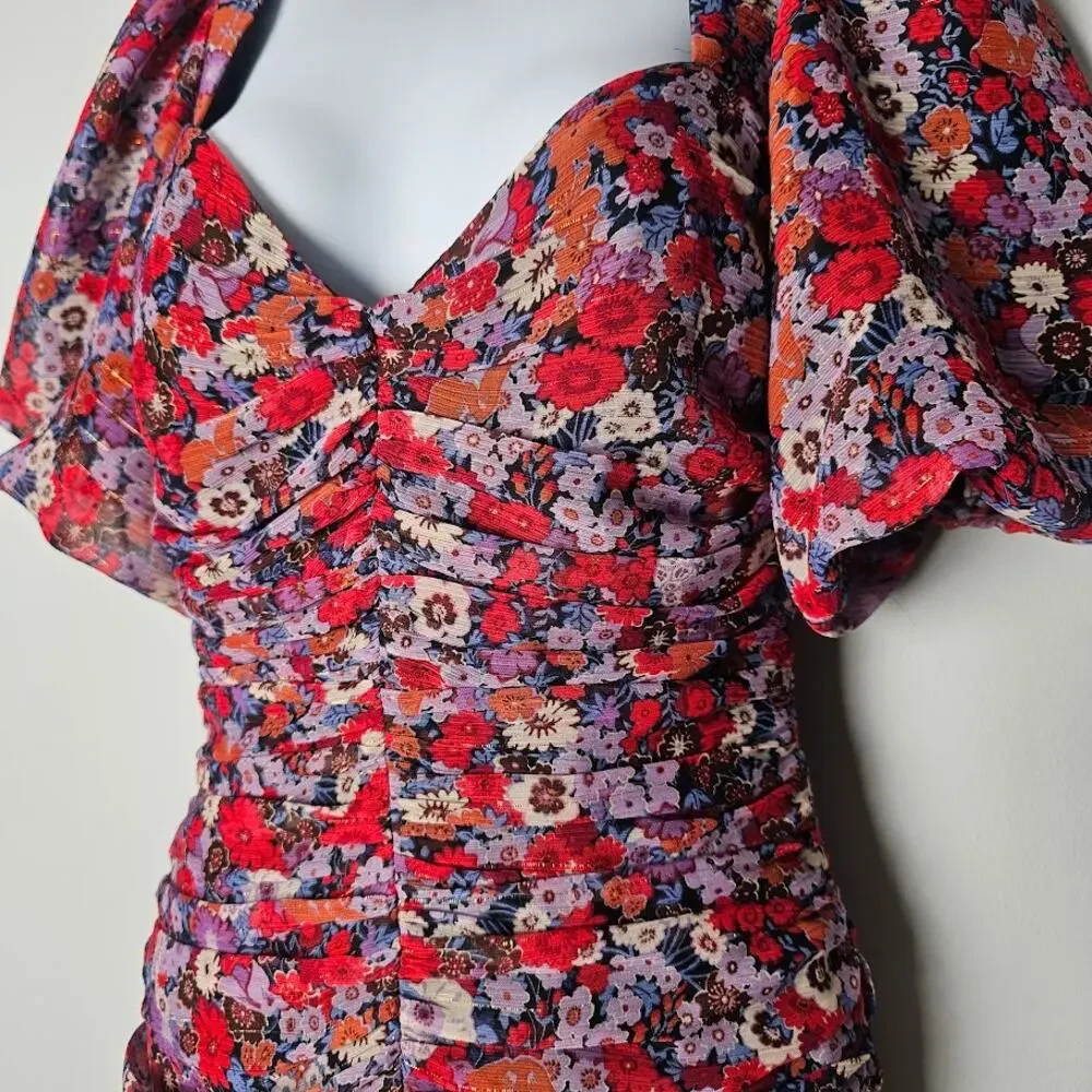 Zara Ruched Floral‎ Puff-Sleeve Mini Dress XS Red Purple Cocktail Party Romantic